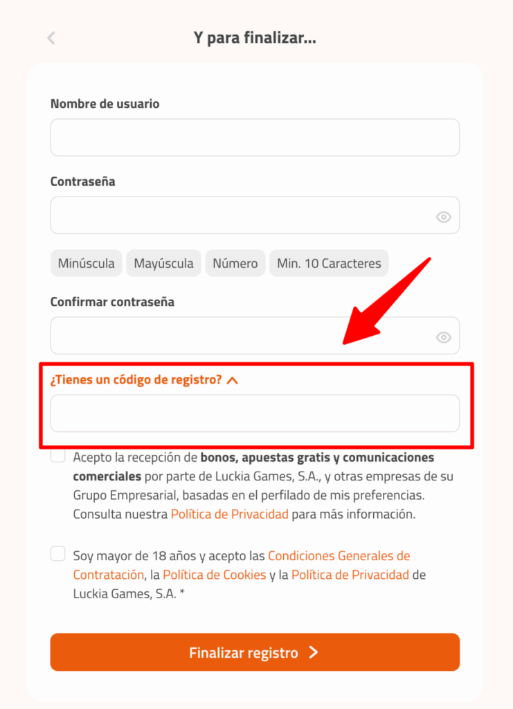 registro luckia paso 1