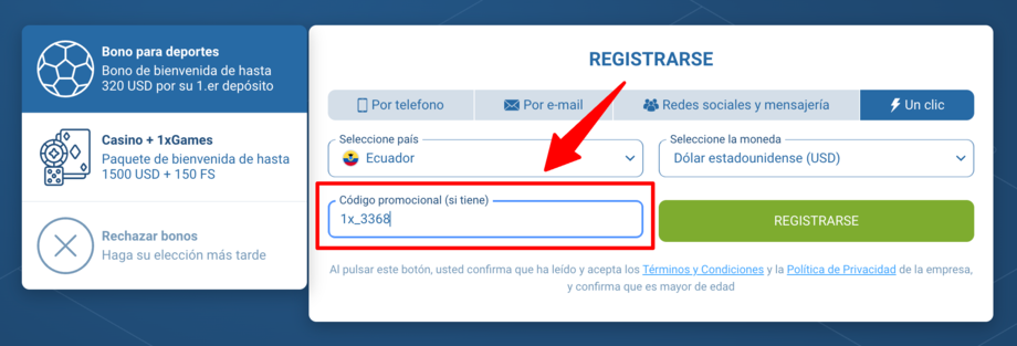 1xbet registro paso 1
