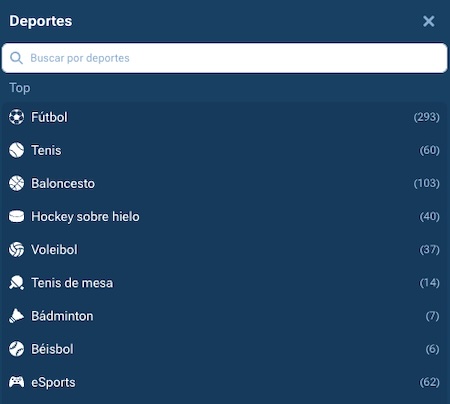 Captura de pantalla oferta de deportes - rese&ntilde;a y opiniones de 1xbet Espa&ntilde;a