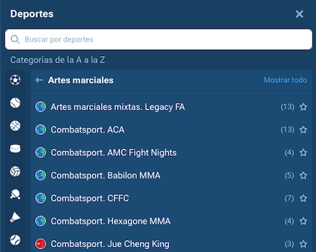 Captura de pantalla oferta de apuestas en MMA - rese&ntilde;a y opiniones de 1xbet Espa&ntilde;a