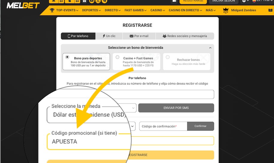 Imagen registro con el codigo bono APUESTA de Melbet