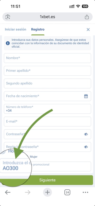 Imagen registro con el codigo bono AO300 de 1xbet Espa&ntilde;a