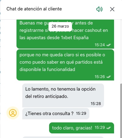 Captura de pantalla chat en vivo atencion al cliente resolucion dudas - rese&ntilde;a y opiniones de 1xbet Espa&ntilde;a