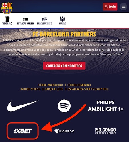 Captura de pantalla web oficial del FC Barcelona - Patrocinador 1xBet