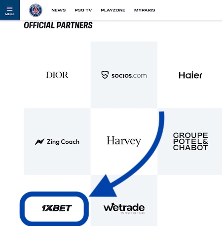 Captura de pantalla web oficial del PSG - Patrocinador 1xBet