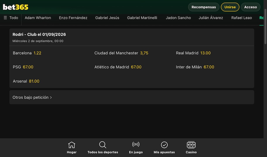 Captura de pantalla bet365 Espa&ntilde;a - Cuotas de apuestas fichaje Rodri