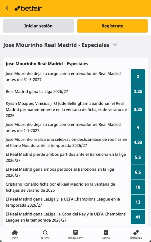 Captura imagen apuestas especiales sobre Mourinho en el Real Madrid - Betfair