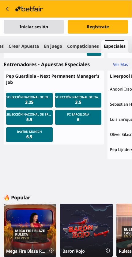 Imagen cuotas apuestas proximo equipo Guardiola - Betfair movil