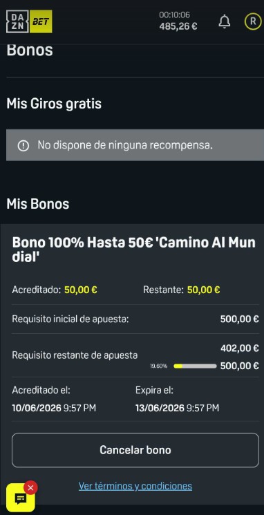 Bono Daznbet camino al mundial 50 euros y rollover x10
