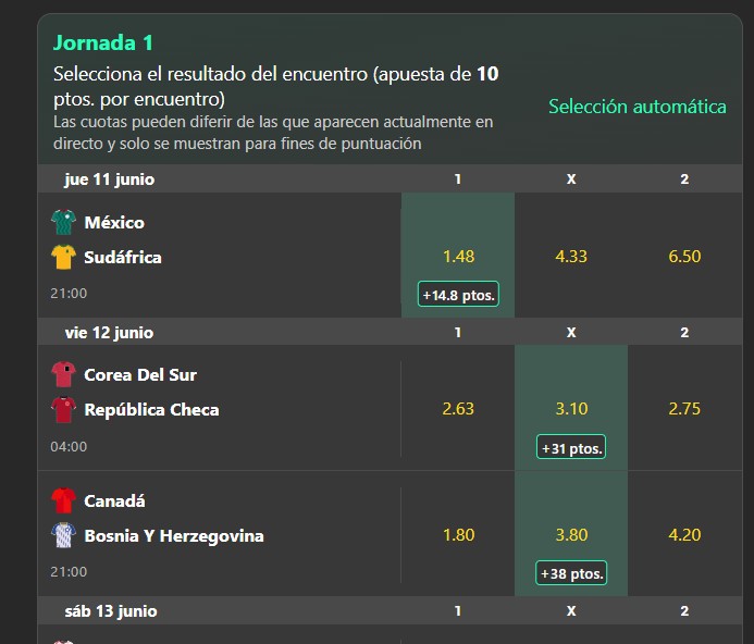 Captura pantalla desafío Mundial bet365 jornada 1