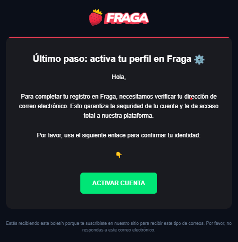 Imagen del mail de confirmación de Fraga Casino