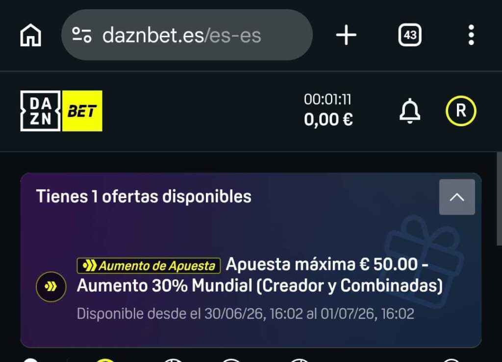 Oferta disponible puntual de Daznbet