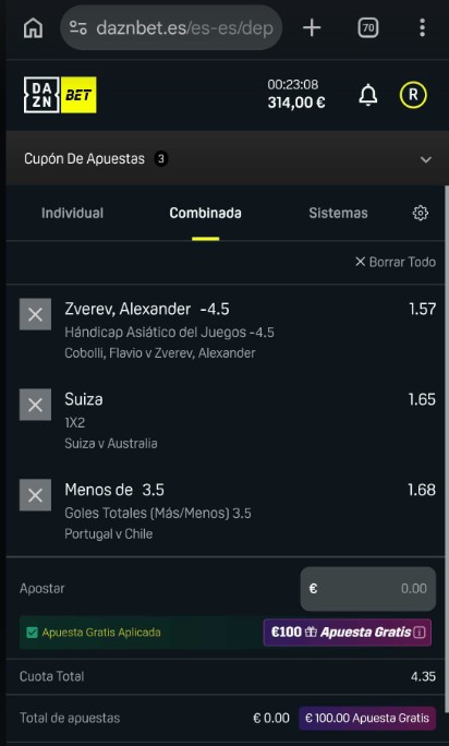bono de bienvenida daznbet apuesta combinada 100 euros gratis
