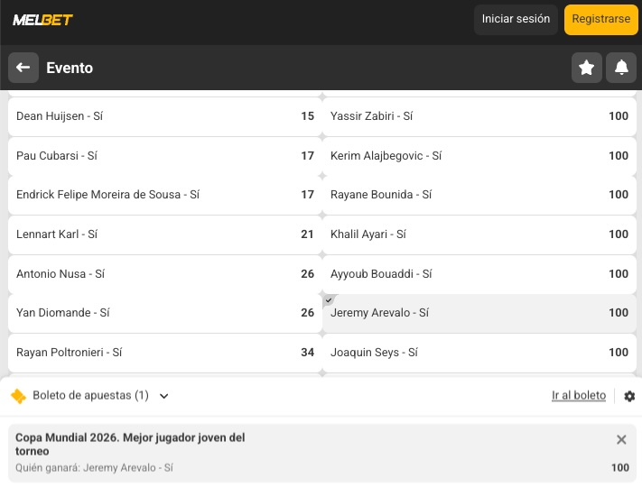 Captura de pantalla Melbet Ecuador - Cuota Jeremy Arevalo mejor joven Mundial 2026