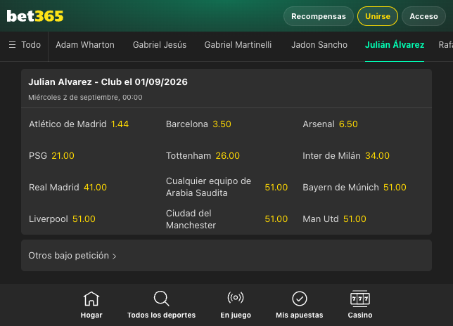 Captura movil bet365 - Apuestas Fichajes - Pr&oacute;ximo club Julian Alvarez