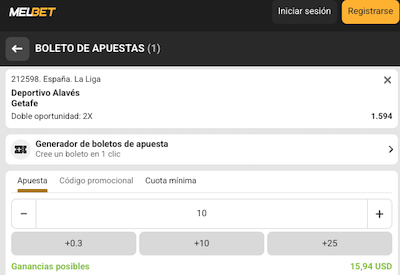 Captura de pantalla cuotas del pron&oacute;stico al alav&eacute;s vs Getafe en Melbet