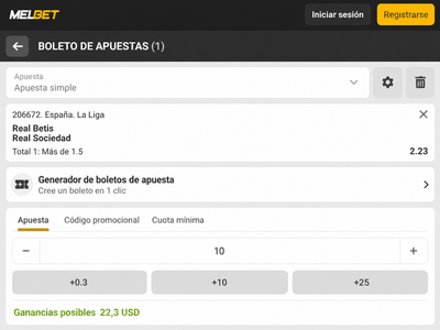 Pantallazo boleto de apuestas Betis y Real Sociedad en Melbet