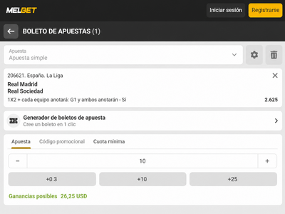 Pantallazo boleto de apuestas para Real Madrid vs Real Sociedad en Melbet