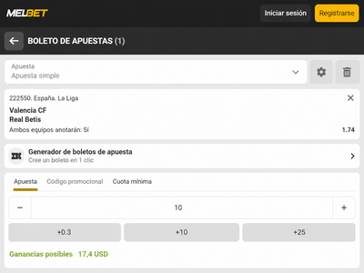 Pantallazo boleto de apuestas para Valencia vs Betis en Melbet