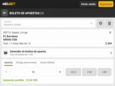 Pantallazo boleto de apuestas para el Barcelona vs Athletic de Bilbao en Melbet