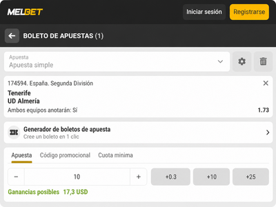 Pantallazo boleto de apuestas para el Tenerife vs Almer&iacute;a en Melbet