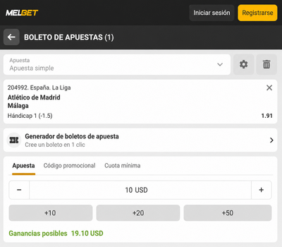 Pantallazo del boleto de apuestas Atl&eacute;tico de Madrid vs M&aacute;laga en Melbet