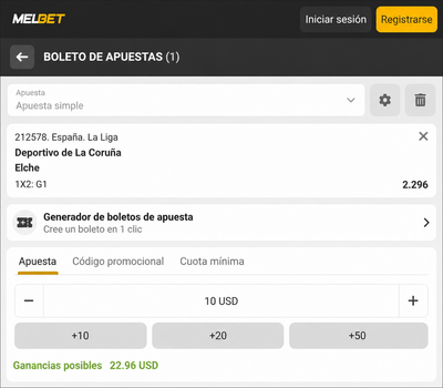 Pantallazo del boleto de apuestas Deportivo vs Elche en Melbet