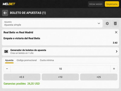 Pantallazo del boleto de apuestas para el Betis vs Real Madrid en Melbet