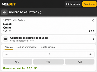 Pantallazo del boleto de apuestas para el Napoli vs Como en Melbet