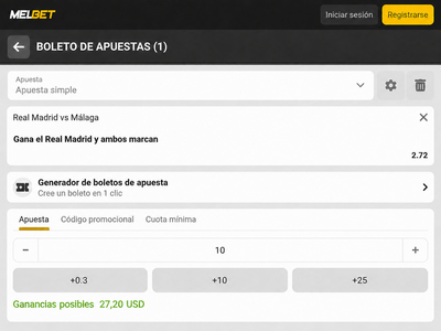 Pantallazo del boleto de apuestas para el Real Madrid vs M&aacute;laga en Melbet