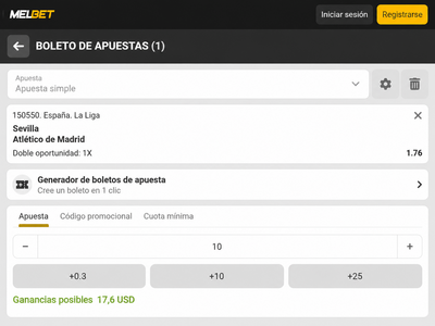 Pantallazo del boleto de apuestas para el Sevilla vs Atlético de Madrid en Melbet