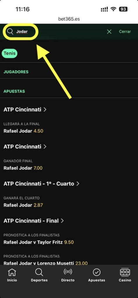 Captura movil función buscar apuestas de jugador en bet365 - apuestas Rafa Jodar