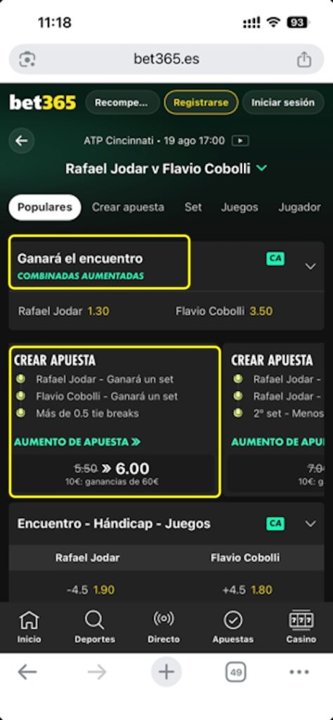 Captura movil promo aumento de apuestas en bet365 - apuestas Rafa Jodar