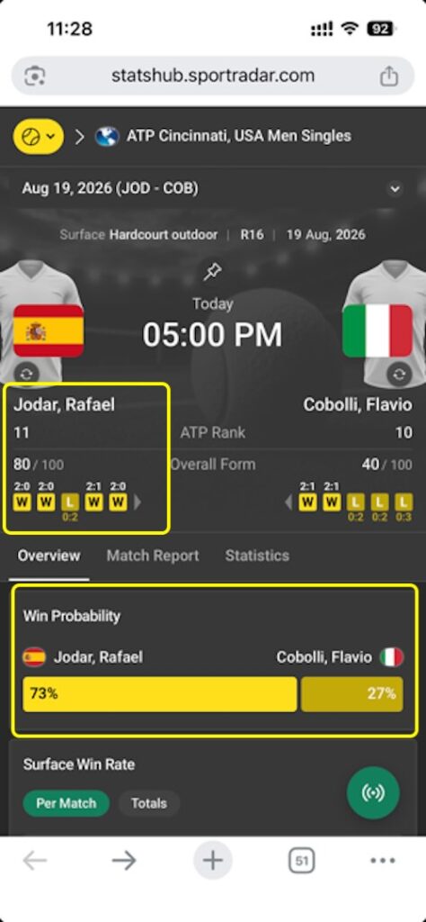 Captura movil estadisticas sports radar en bet365 - apuestas Rafa Jodar
