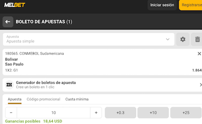 Captura del boleto de apuestas Bolivar vs Sao Paulo en Melbet