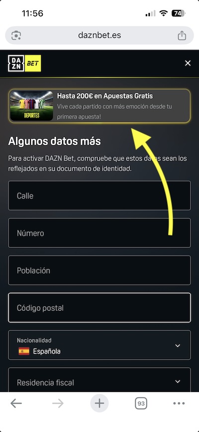 Captura de pantalla movil registro con bono Dazn bet España