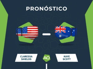Pronóstico del combate entre Claressa Shields y Kaye Scott el 15/08/26 en Atlanta.