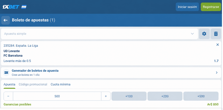 Captura de pantalla del boleto de apuestas Levante vs Barcelona de 1.Bet Latam