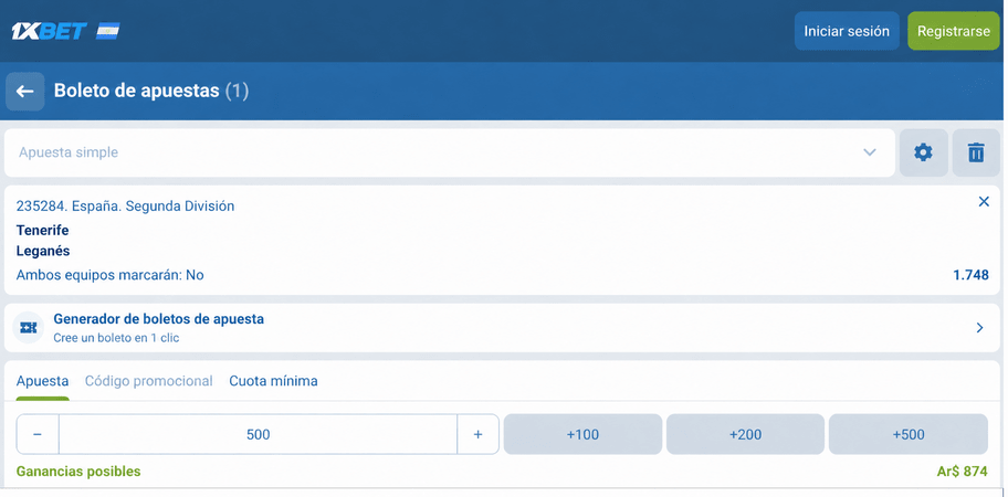 Captura de pantalla del boleto de apuestas Tenerife vs Legan&eacute;s en 1xBET LATAM