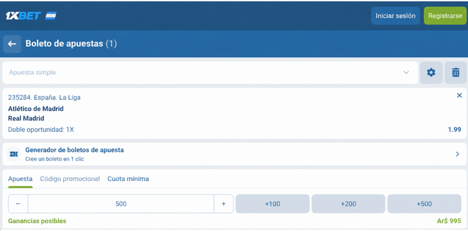 Captura de pantalla del boleto de apuestas del Atl&eacute;tico de Madrid vs Real Madrid en 1xBET LATAM