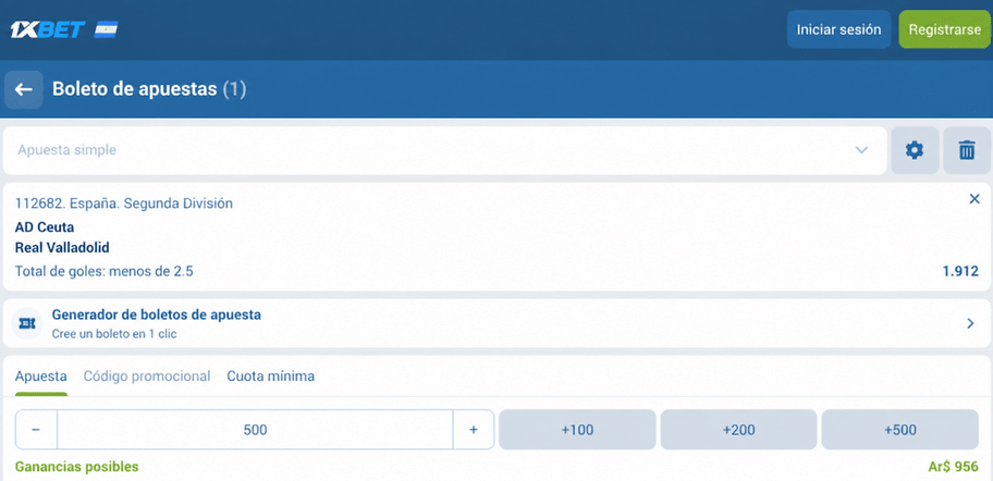 Captura de pantalla del boleto de apuestas del Ceuta vs Valladolid en 1xBET LATAM