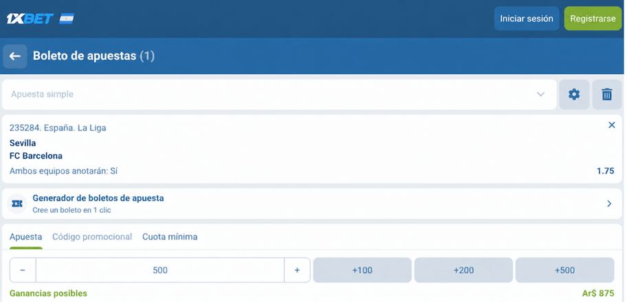 Captura de pantalla del boleto de apuestas del Sevilla vs Barcelona en 1xBET LATAM