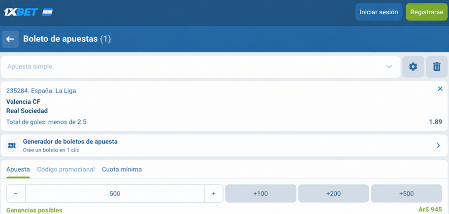 Captura de pantalla del boleto de apuestas del Valencia vs Real Sociedad en 1xBET LATAM