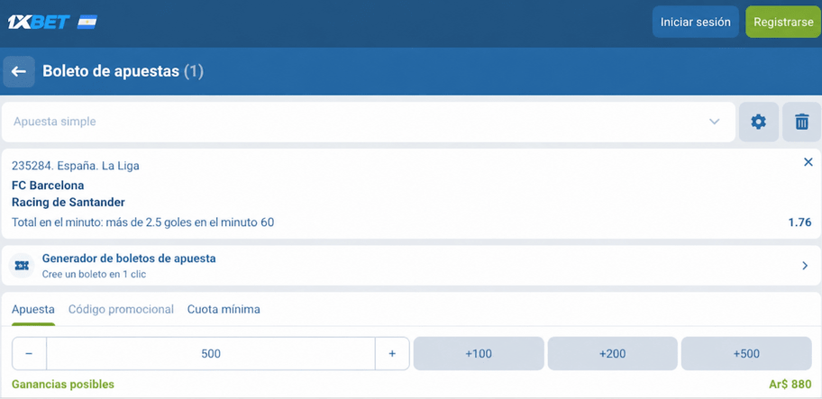 Captura de pantalla del boleto de apuestas para el Barcelona vs Racing en 1xBET LATAM