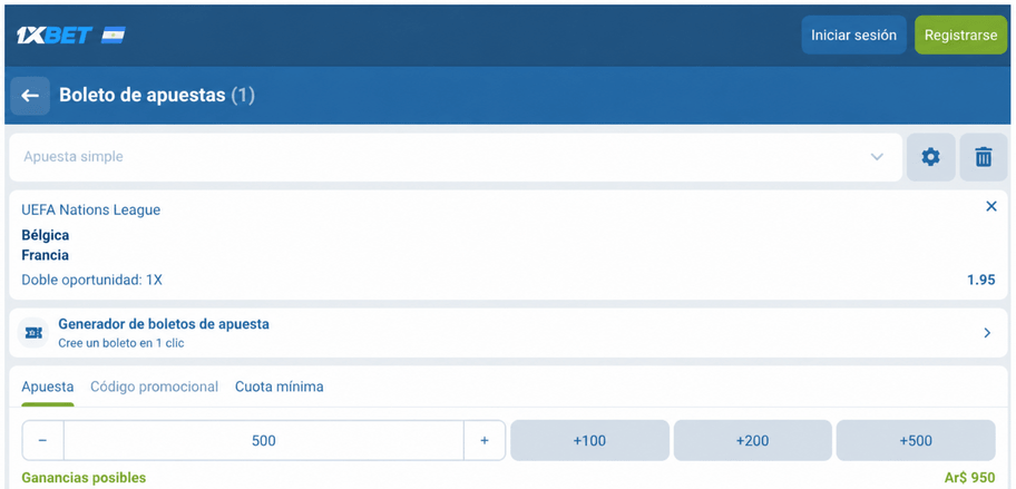 Captura de pantalla del boleto de apuestas para el B&eacute;lgica vs Francia en 1xBET LATAM