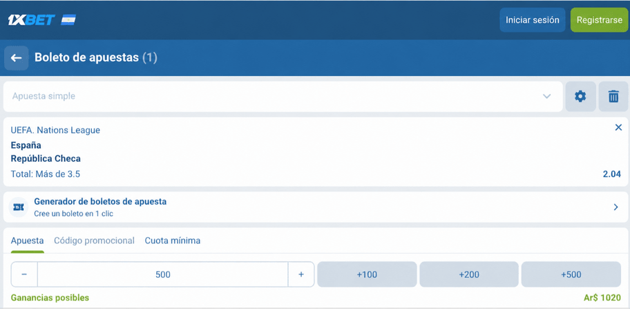 Captura de pantalla del boleto de apuestas para el Espa&ntilde;a vs Chequia en 1xBET LATAM