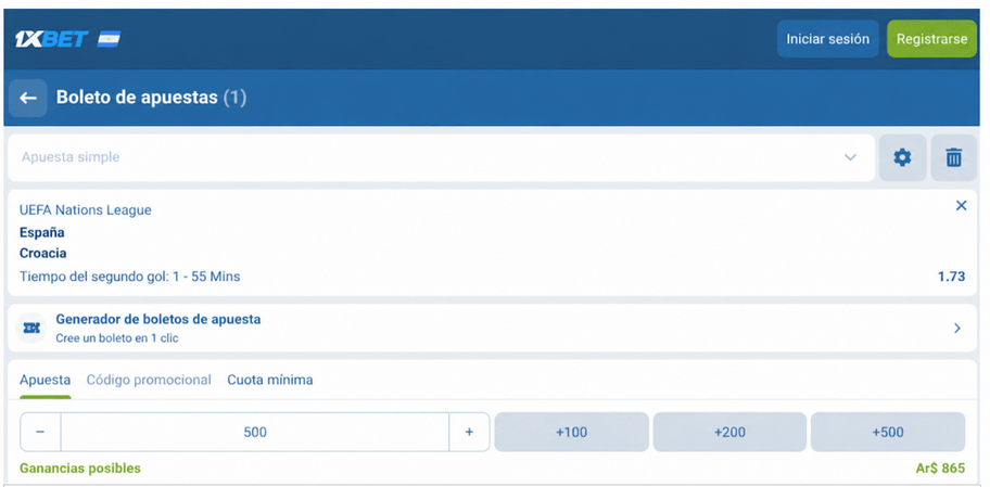 Captura de pantalla del boleto de apuestas para el Espa&ntilde;a vs Croacia en 1xBET LATAM
