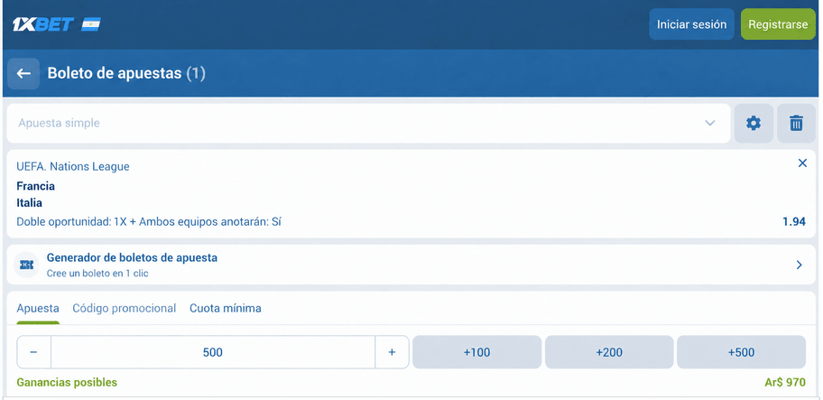 Captura de pantalla del boleto de apuestas para el Francia vs Italia en 1xBET LATAM