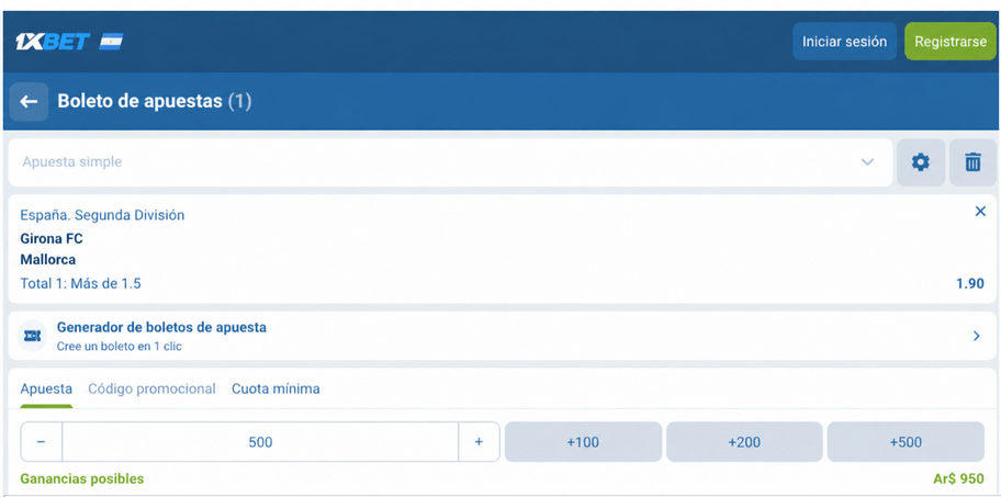 Captura de pantalla del boleto de apuestas para el Girona vs Mallorca en 1xBET LATAM