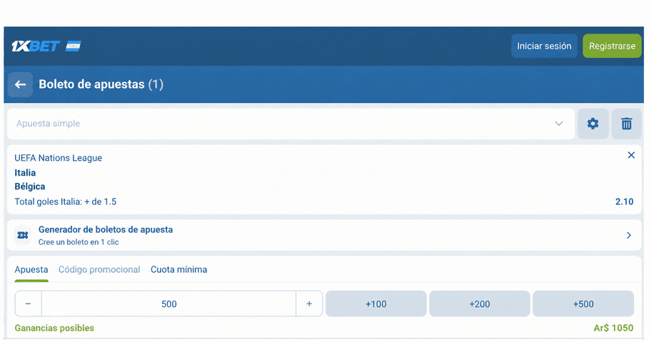 Captura de pantalla del boleto de apuestas para el Italia vs B&eacute;lgica en 1xBET LATAM